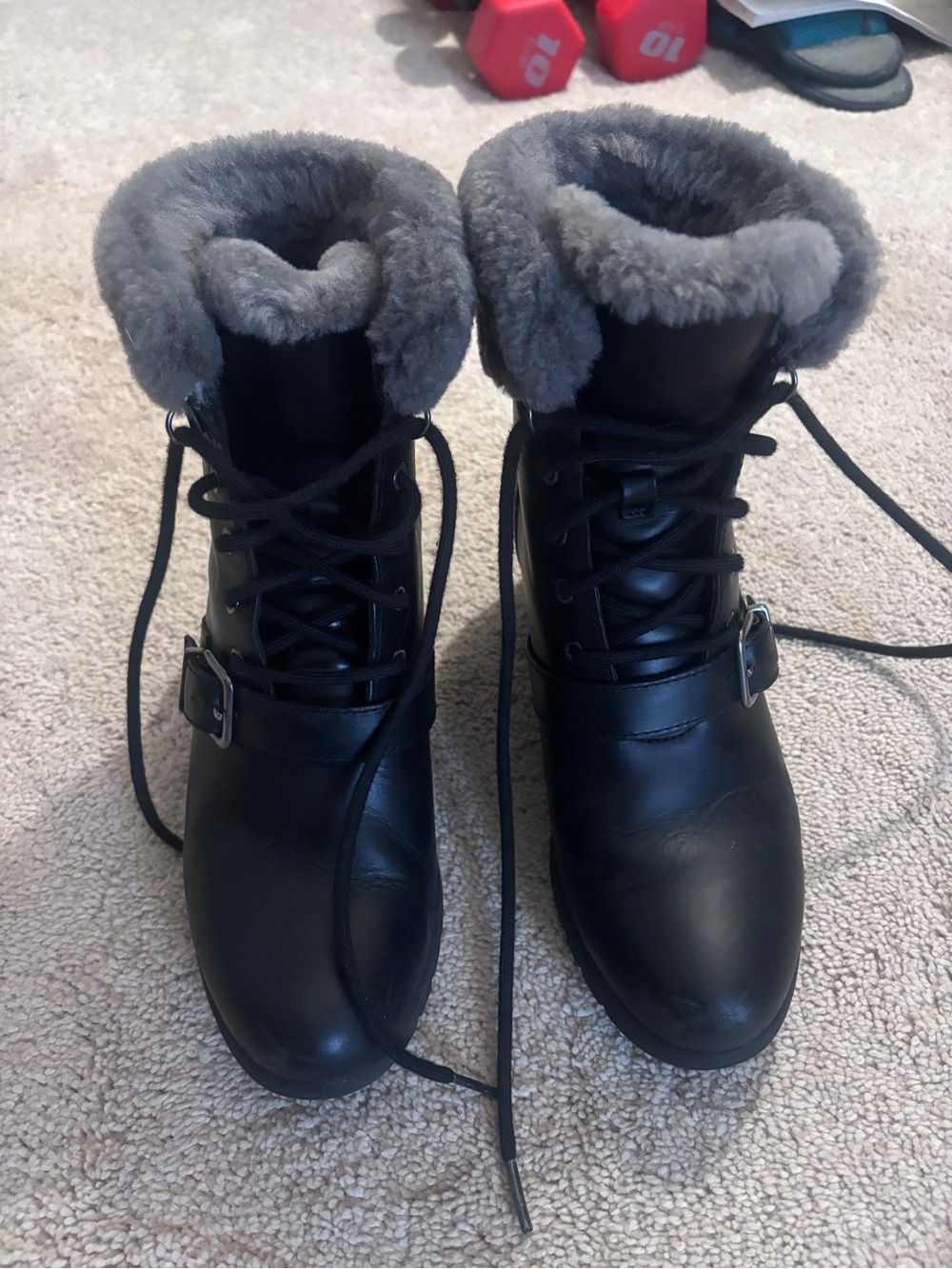 UGG Black Lace-Up Ankle Boots with Gray Faux Fur Collar